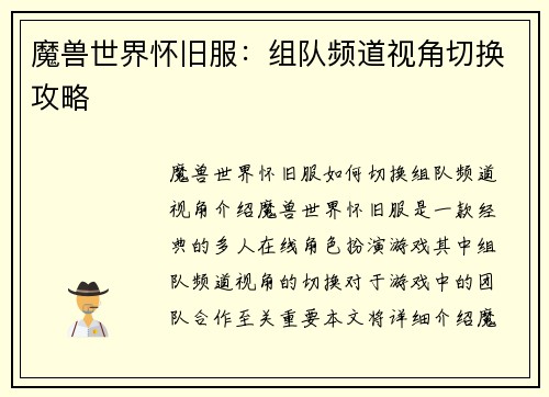 魔兽世界怀旧服：组队频道视角切换攻略